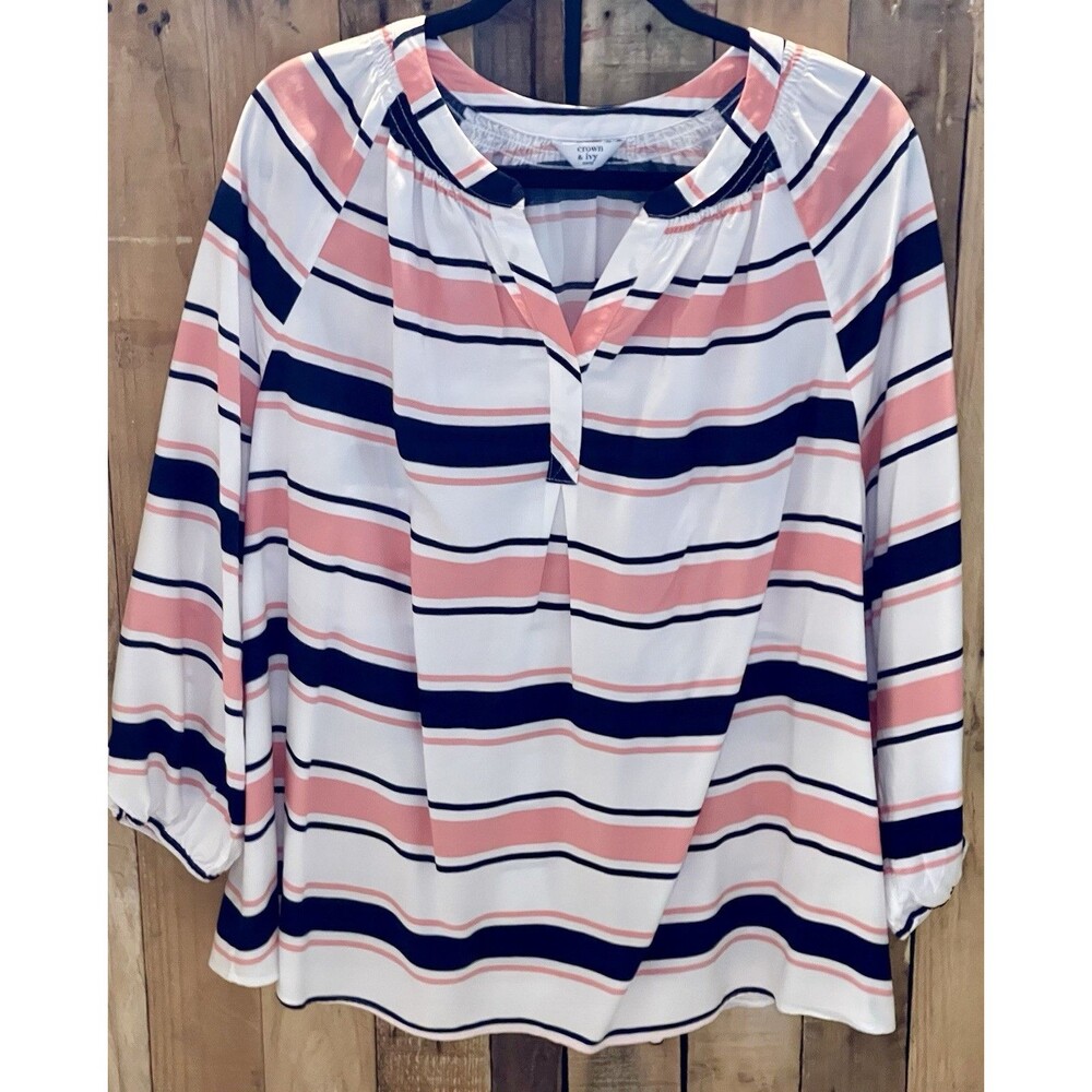 Crown & Ivy Size 2X Pink/Blue Striped Top Blouse 3/4 Sleeves Summer Comfort